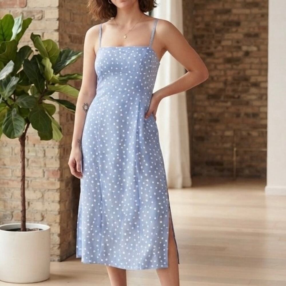 Vintage Autumn Wedding Guest Dress Blue Polka Dot Spaghetti Strap Midi Sz 4